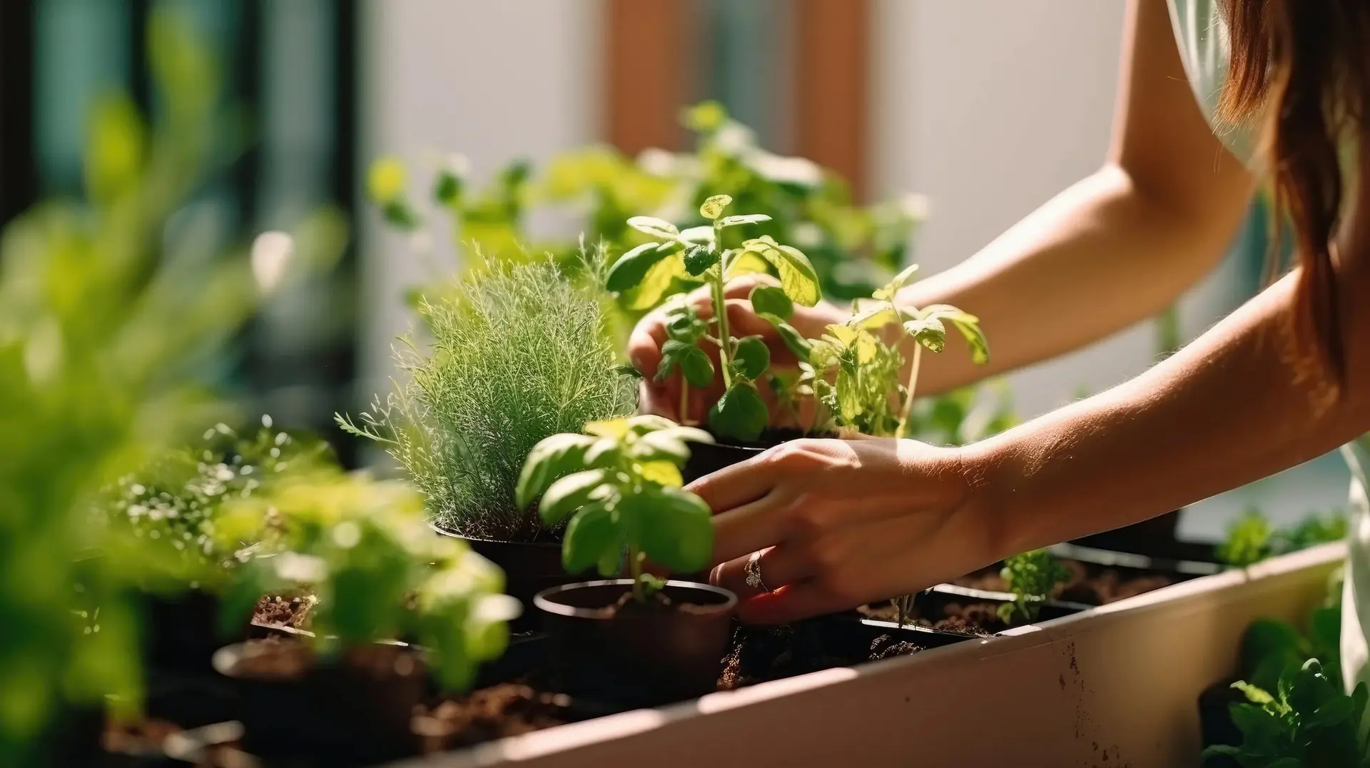 Hands tending potted herbs