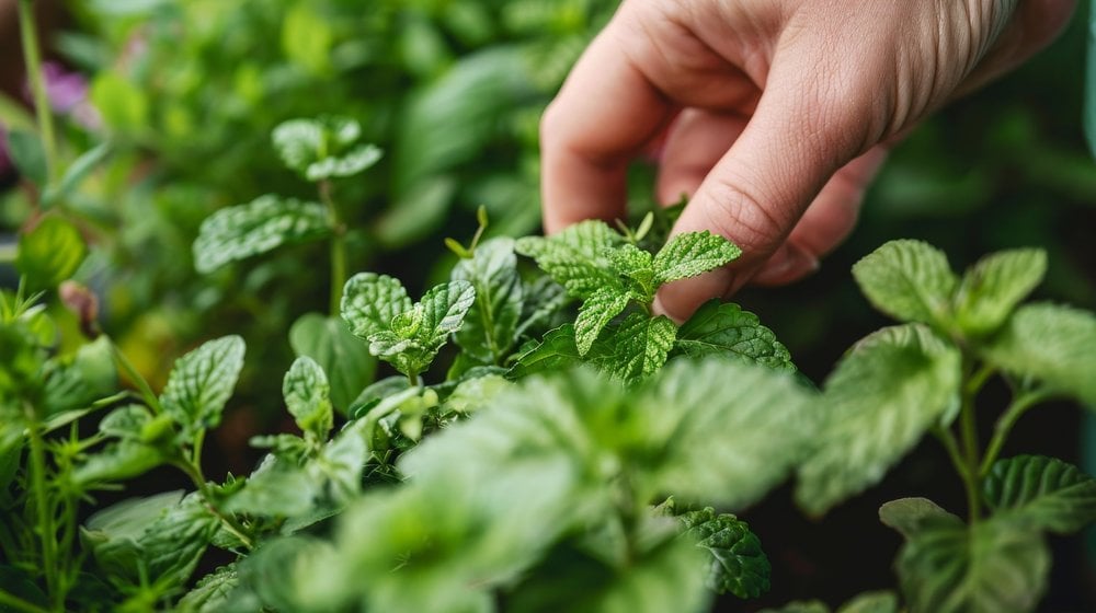 Hand picking mint leaves