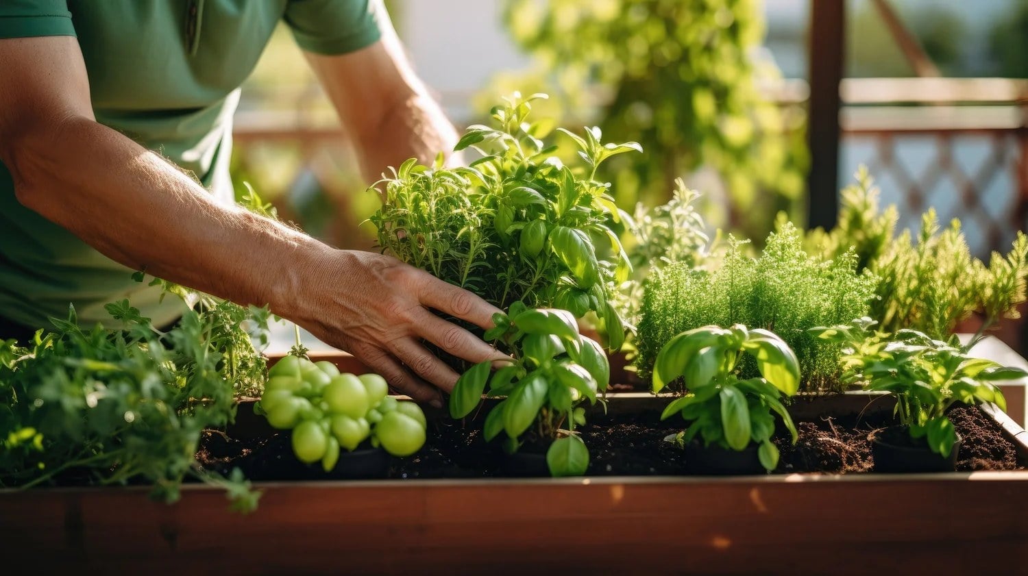 Gardener tending herbs in a raised bed